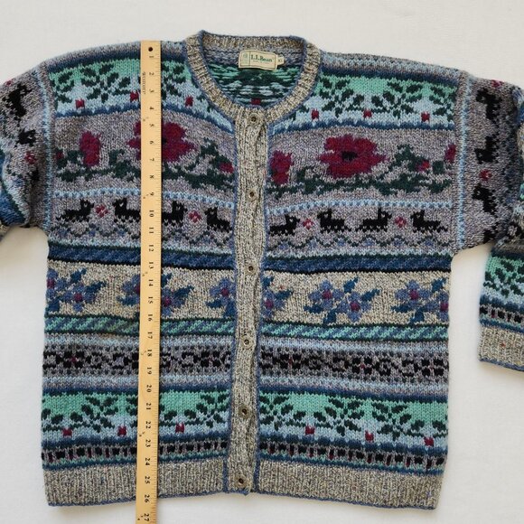 Vintage L.L. Bean Pure Wool Cardigan Sweater Floral Fair Isle Cottagecore Cabin - Picture 13 of 13